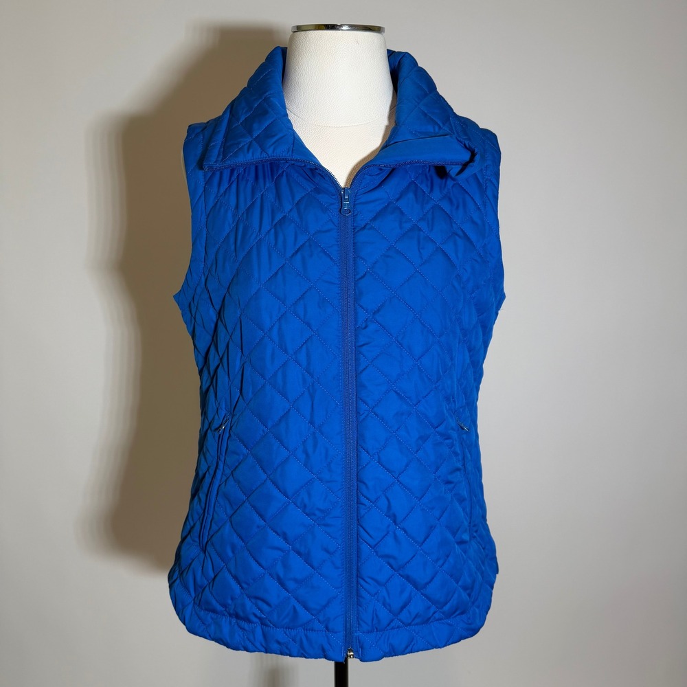 T by Talbots Womens Diamond Quilted Vest Royal Blue Zip Pockets Petite Size MP